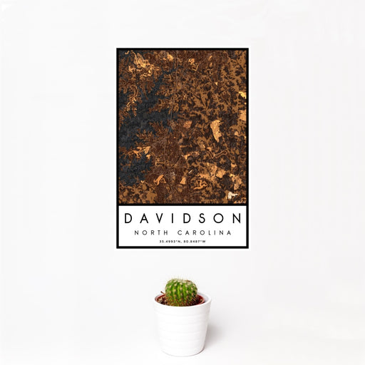 12x18 Davidson North Carolina Map Print Portrait Orientation in Ember Style With Small Cactus Plant in White Planter
