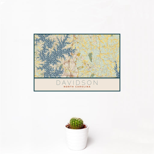 12x18 Davidson North Carolina Map Print Landscape Orientation in Woodblock Style With Small Cactus Plant in White Planter