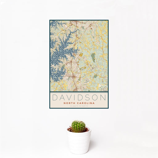 12x18 Davidson North Carolina Map Print Portrait Orientation in Woodblock Style With Small Cactus Plant in White Planter