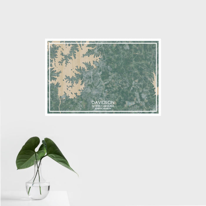 16x24 Davidson North Carolina Map Print Landscape Orientation in Afternoon Style With Tropical Plant Leaves in Water