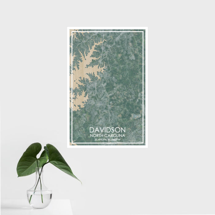 16x24 Davidson North Carolina Map Print Portrait Orientation in Afternoon Style With Tropical Plant Leaves in Water