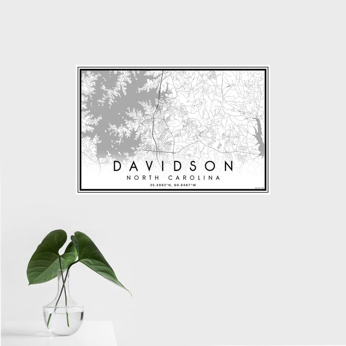 16x24 Davidson North Carolina Map Print Landscape Orientation in Classic Style With Tropical Plant Leaves in Water