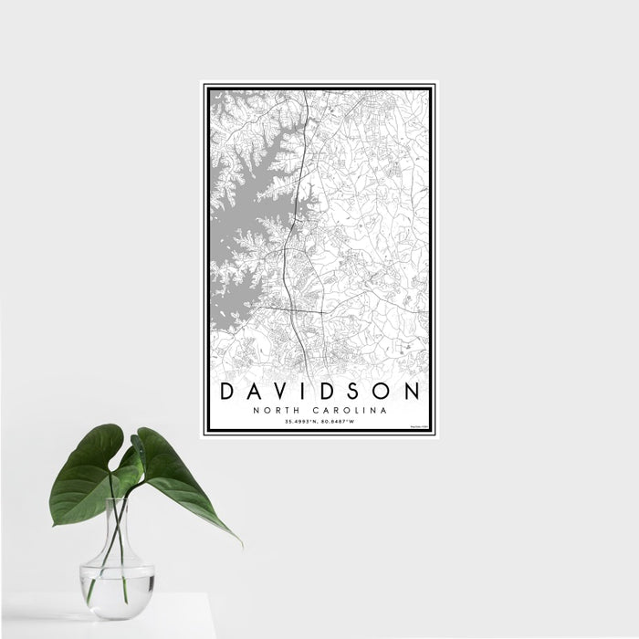 16x24 Davidson North Carolina Map Print Portrait Orientation in Classic Style With Tropical Plant Leaves in Water