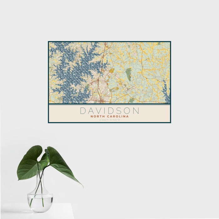 16x24 Davidson North Carolina Map Print Landscape Orientation in Woodblock Style With Tropical Plant Leaves in Water