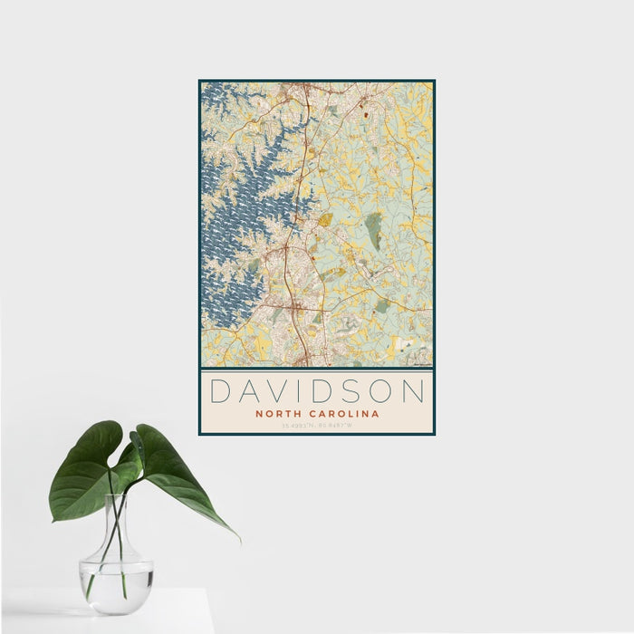 16x24 Davidson North Carolina Map Print Portrait Orientation in Woodblock Style With Tropical Plant Leaves in Water
