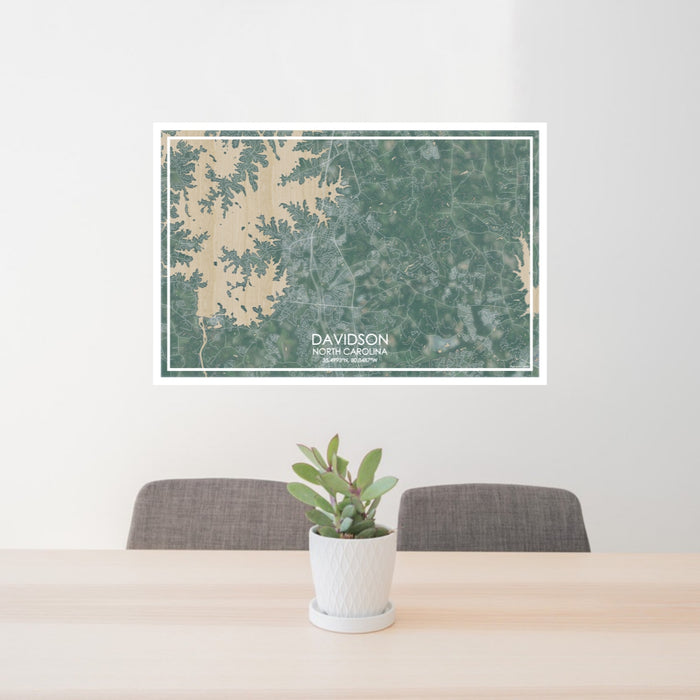 24x36 Davidson North Carolina Map Print Lanscape Orientation in Afternoon Style Behind 2 Chairs Table and Potted Plant