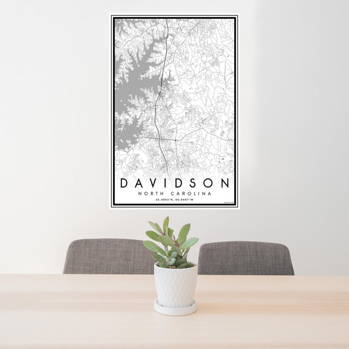 24x36 Davidson North Carolina Map Print Portrait Orientation in Classic Style Behind 2 Chairs Table and Potted Plant