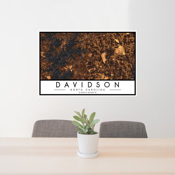 24x36 Davidson North Carolina Map Print Lanscape Orientation in Ember Style Behind 2 Chairs Table and Potted Plant