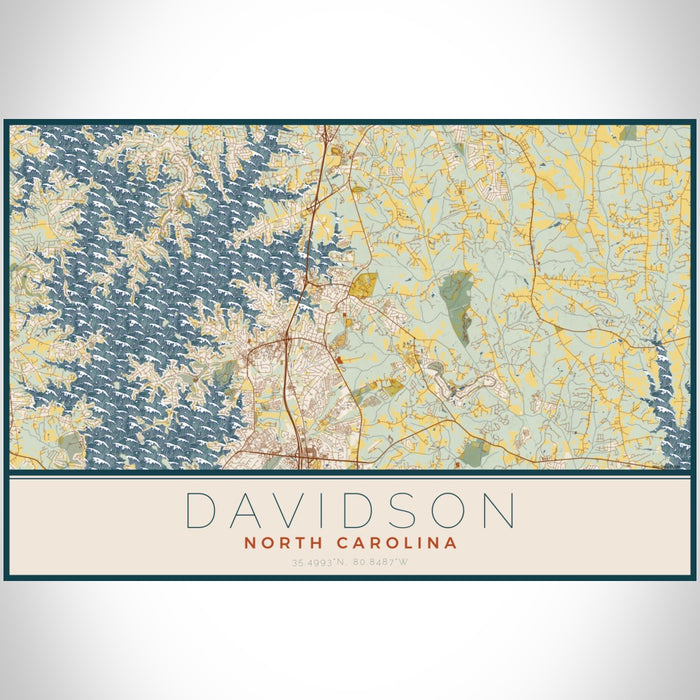 Davidson North Carolina Map Print Landscape Orientation in Woodblock Style With Shaded Background