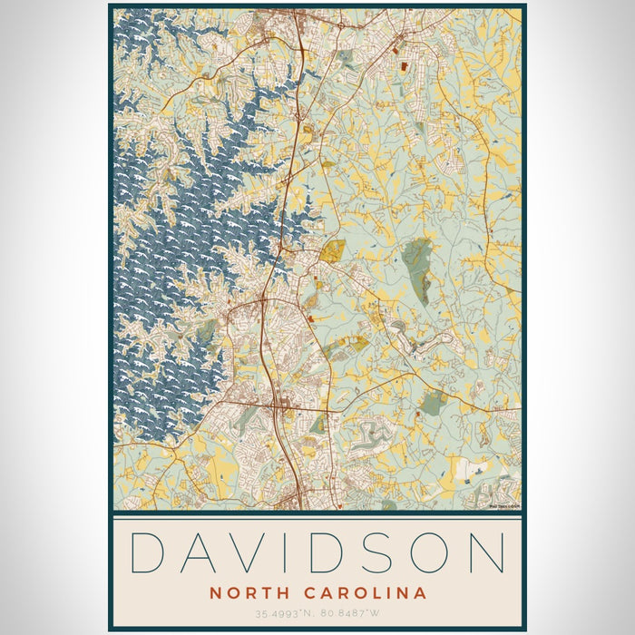 Davidson North Carolina Map Print Portrait Orientation in Woodblock Style With Shaded Background