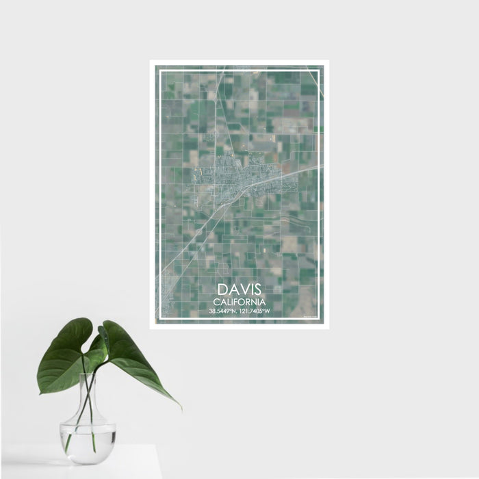 16x24 Davis California Map Print Portrait Orientation in Afternoon Style With Tropical Plant Leaves in Water