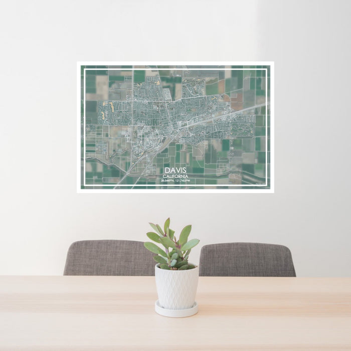 24x36 Davis California Map Print Lanscape Orientation in Afternoon Style Behind 2 Chairs Table and Potted Plant