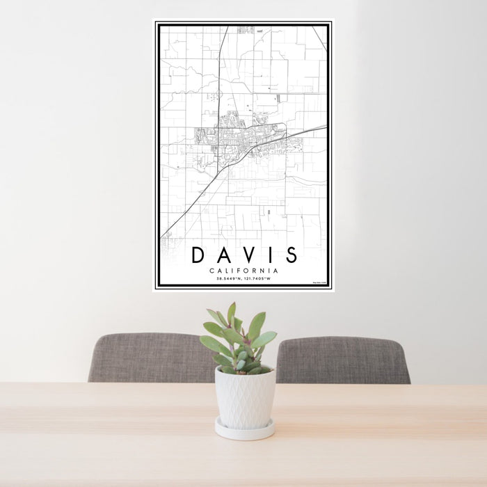 24x36 Davis California Map Print Portrait Orientation in Classic Style Behind 2 Chairs Table and Potted Plant