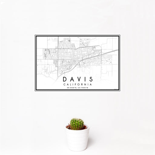 12x18 Davis California Map Print Landscape Orientation in Classic Style With Small Cactus Plant in White Planter