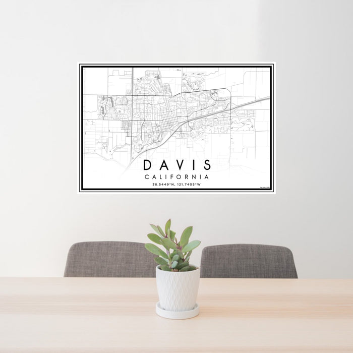 24x36 Davis California Map Print Landscape Orientation in Classic Style Behind 2 Chairs Table and Potted Plant