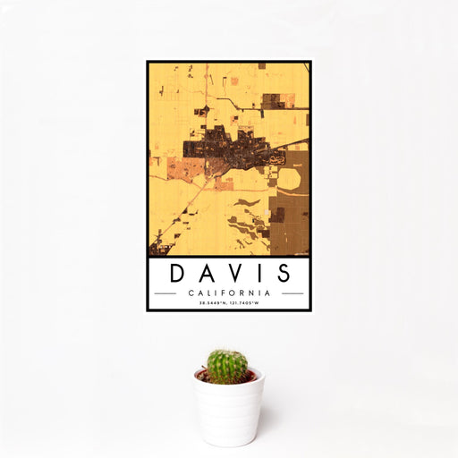 12x18 Davis California Map Print Portrait Orientation in Ember Style With Small Cactus Plant in White Planter