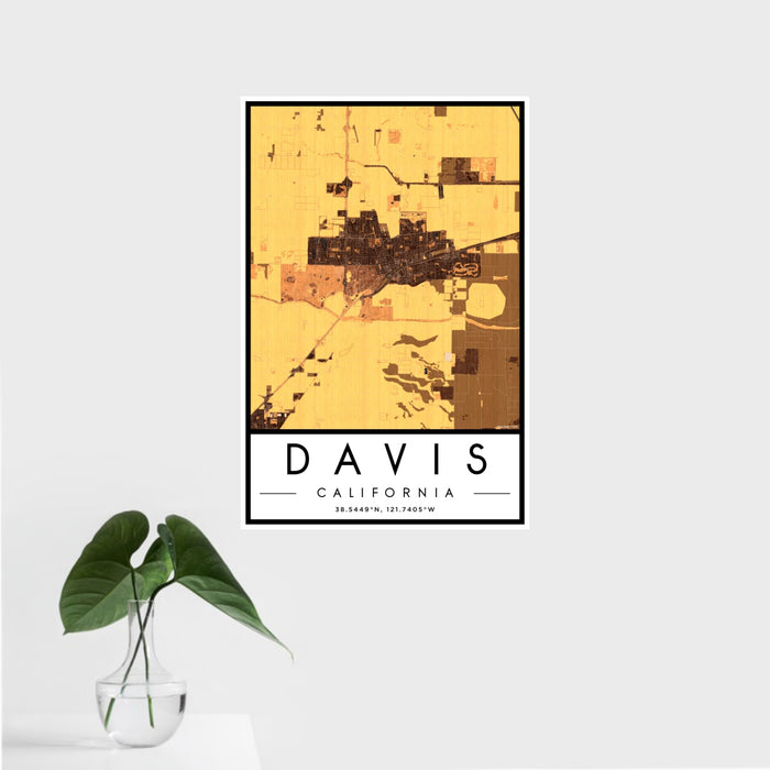 16x24 Davis California Map Print Portrait Orientation in Ember Style With Tropical Plant Leaves in Water