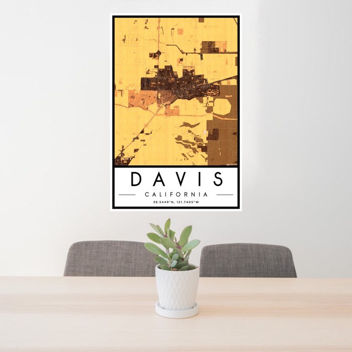 24x36 Davis California Map Print Portrait Orientation in Ember Style Behind 2 Chairs Table and Potted Plant