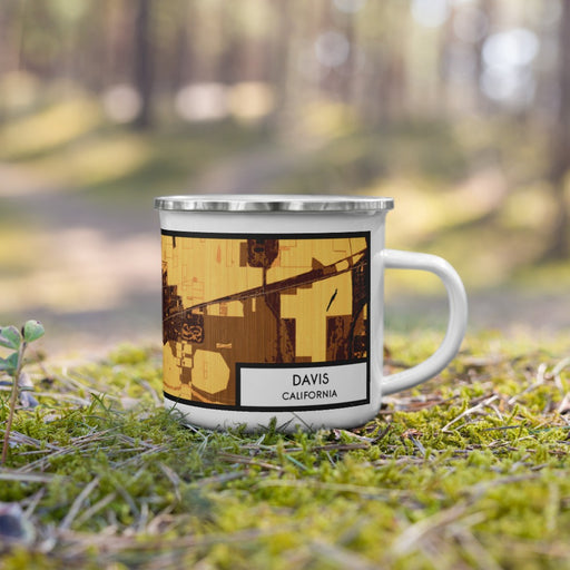 Right View Custom Davis California Map Enamel Mug in Ember on Grass With Trees in Background