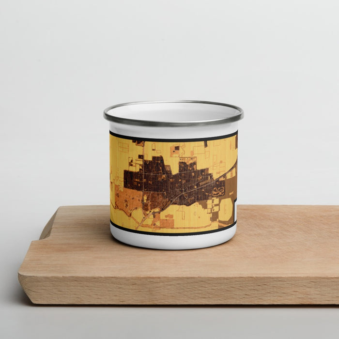 Front View Custom Davis California Map Enamel Mug in Ember on Cutting Board