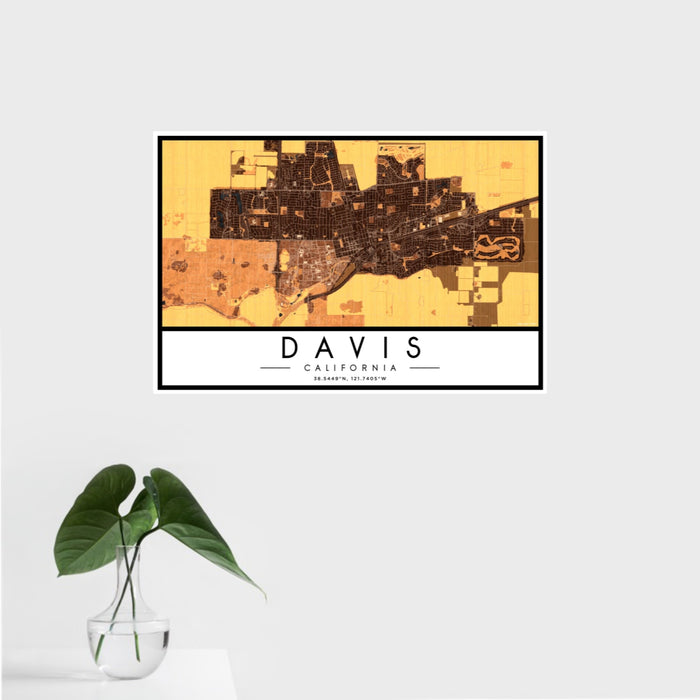 16x24 Davis California Map Print Landscape Orientation in Ember Style With Tropical Plant Leaves in Water