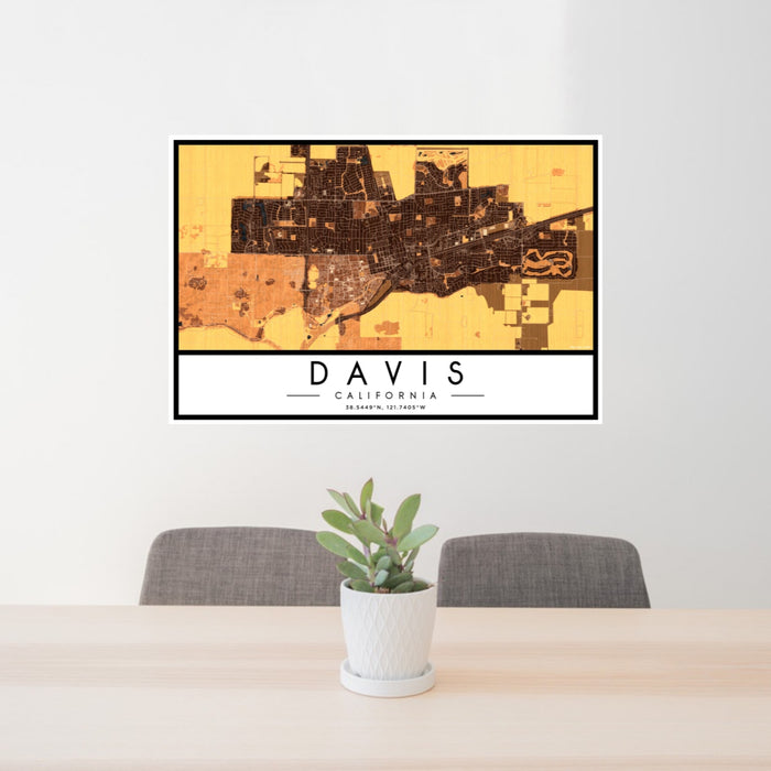24x36 Davis California Map Print Landscape Orientation in Ember Style Behind 2 Chairs Table and Potted Plant