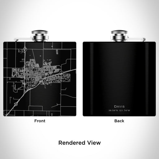 Rendered View of Davis California Map Engraving on 6oz Stainless Steel Flask in Black