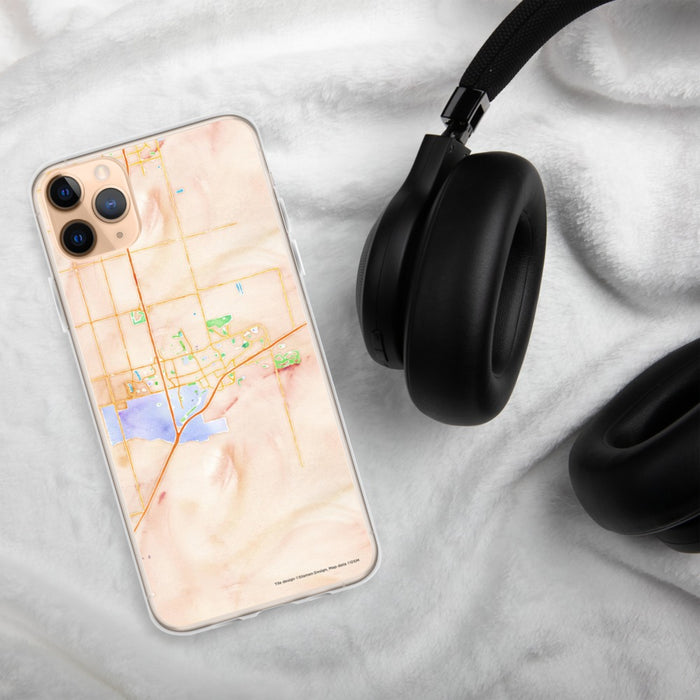Custom Davis California Map Phone Case in Watercolor on Table with Black Headphones