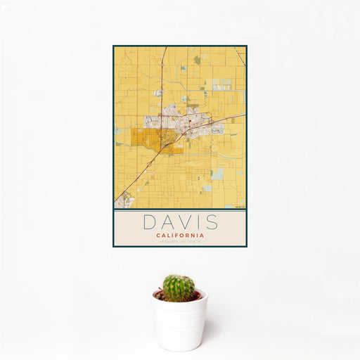 12x18 Davis California Map Print Portrait Orientation in Woodblock Style With Small Cactus Plant in White Planter