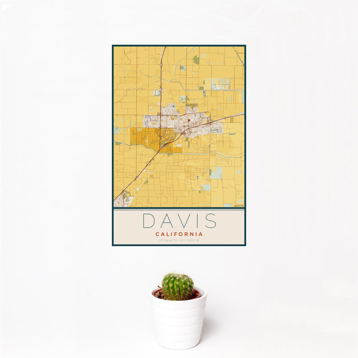 12x18 Davis California Map Print Portrait Orientation in Woodblock Style With Small Cactus Plant in White Planter