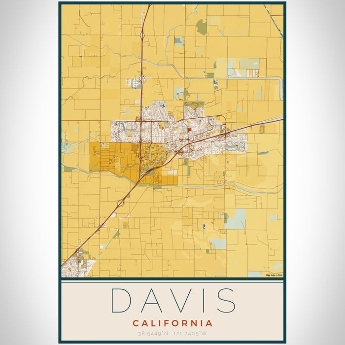 Davis California Map Print Portrait Orientation in Woodblock Style With Shaded Background