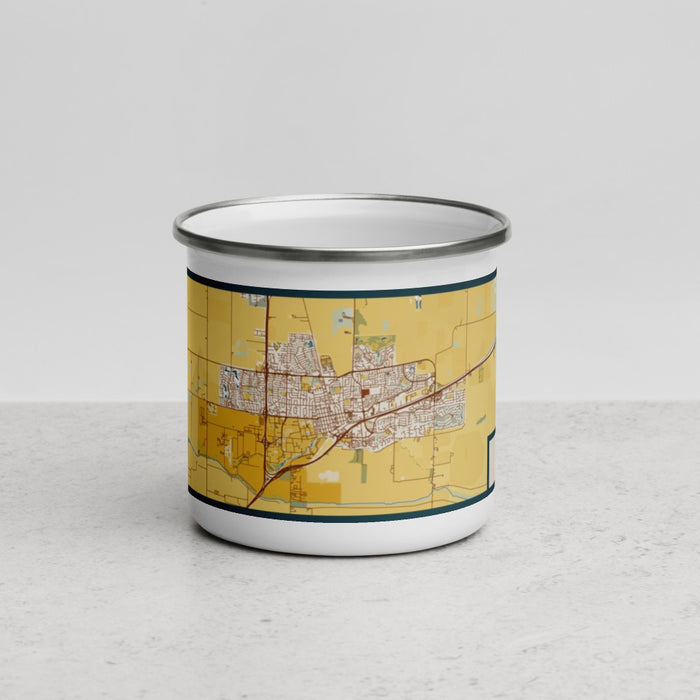 Front View Custom Davis California Map Enamel Mug in Woodblock