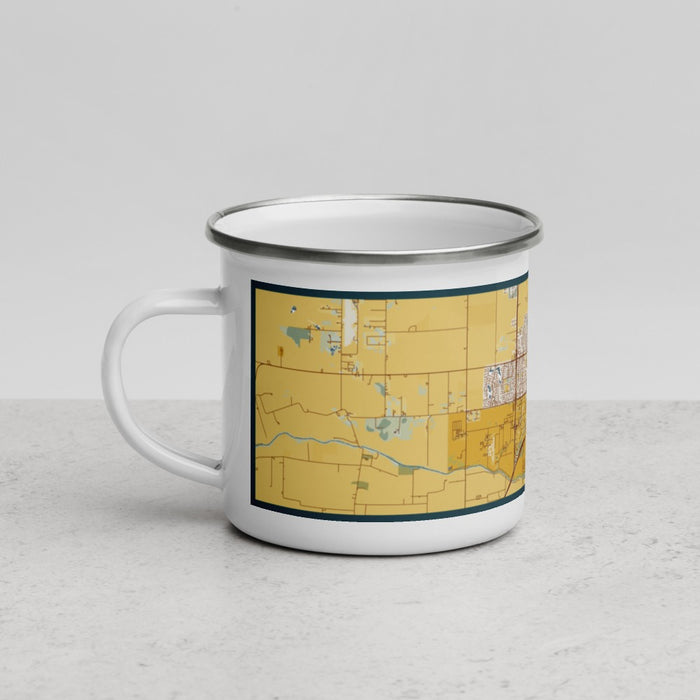 Left View Custom Davis California Map Enamel Mug in Woodblock
