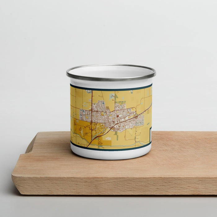 Front View Custom Davis California Map Enamel Mug in Woodblock on Cutting Board