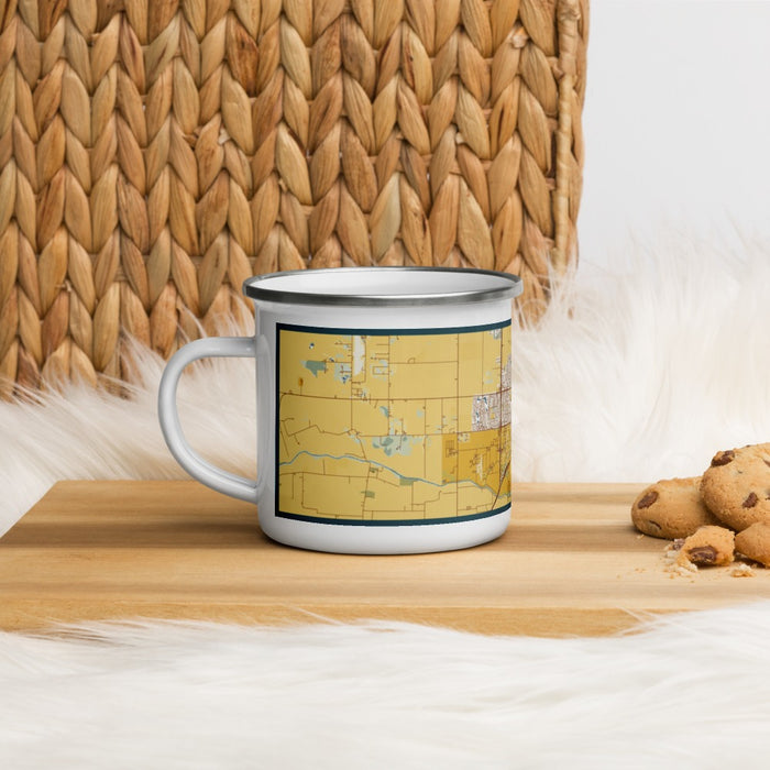 Left View Custom Davis California Map Enamel Mug in Woodblock on Table Top