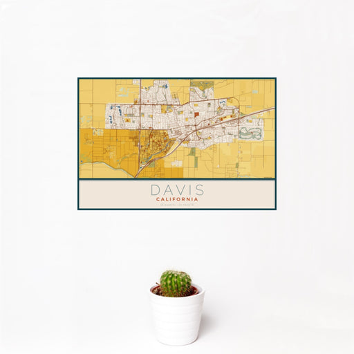 12x18 Davis California Map Print Landscape Orientation in Woodblock Style With Small Cactus Plant in White Planter