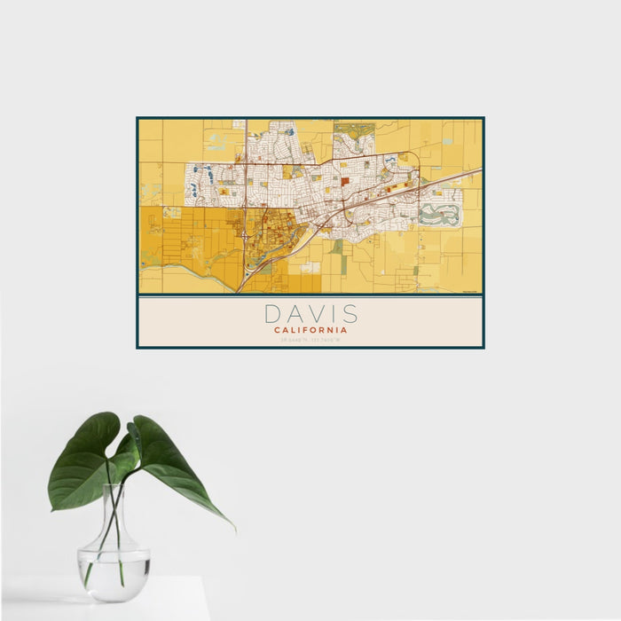 16x24 Davis California Map Print Landscape Orientation in Woodblock Style With Tropical Plant Leaves in Water