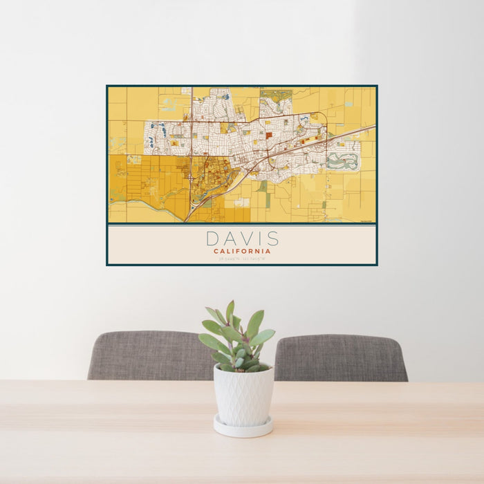 24x36 Davis California Map Print Landscape Orientation in Woodblock Style Behind 2 Chairs Table and Potted Plant