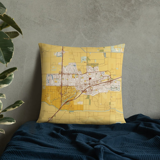 Custom Davis California Map Throw Pillow in Woodblock on Bedding Against Wall