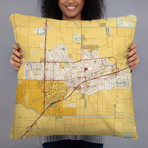 Person holding 22x22 Custom Davis California Map Throw Pillow in Woodblock