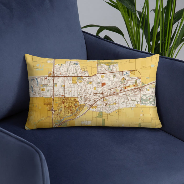 Custom Davis California Map Throw Pillow in Woodblock on Blue Colored Chair