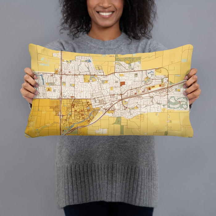 Person holding 20x12 Custom Davis California Map Throw Pillow in Woodblock