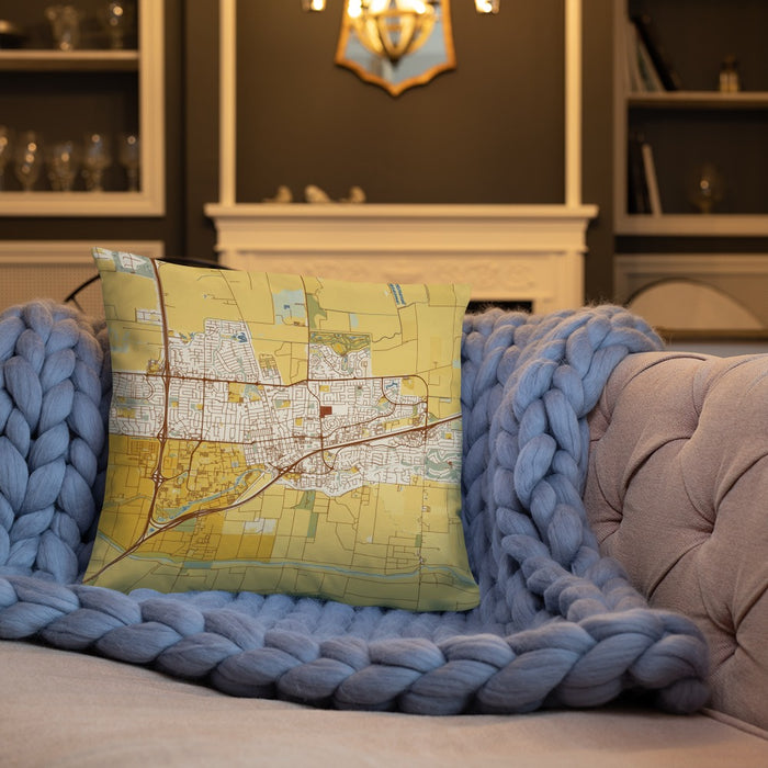 Custom Davis California Map Throw Pillow in Woodblock on Cream Colored Couch