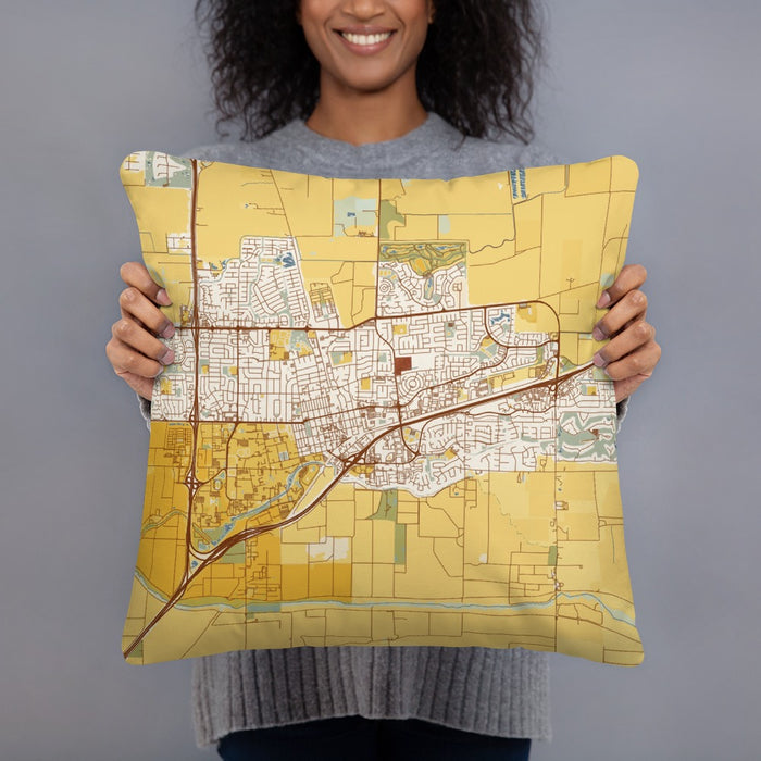 Person holding 18x18 Custom Davis California Map Throw Pillow in Woodblock