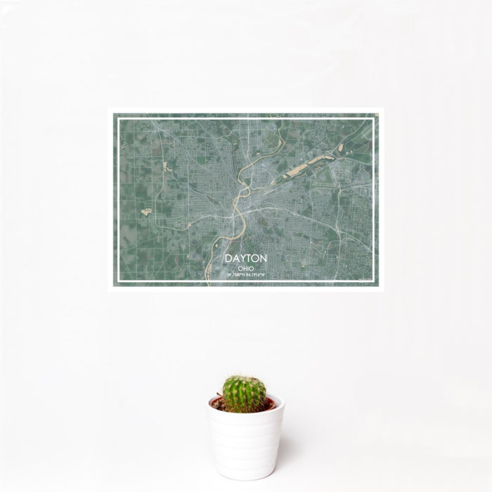 12x18 Dayton Ohio Map Print Landscape Orientation in Afternoon Style With Small Cactus Plant in White Planter