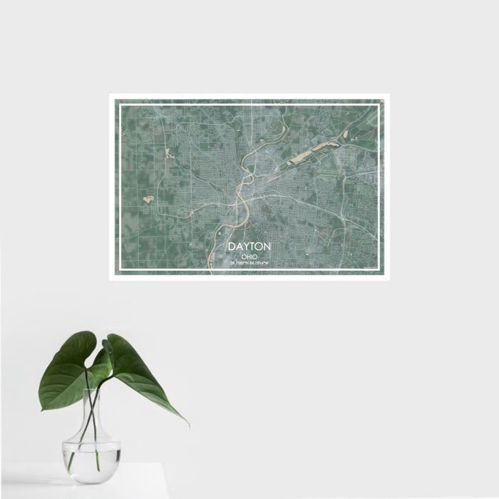 16x24 Dayton Ohio Map Print Landscape Orientation in Afternoon Style With Tropical Plant Leaves in Water