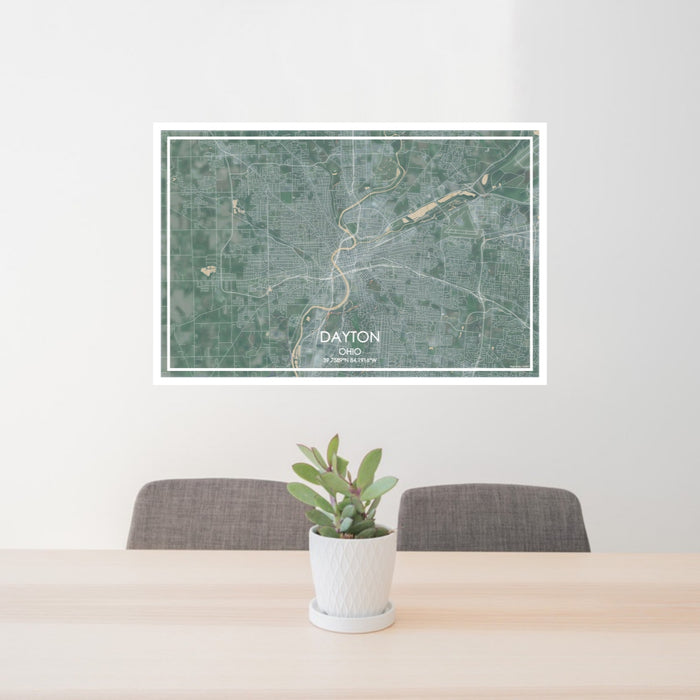 24x36 Dayton Ohio Map Print Lanscape Orientation in Afternoon Style Behind 2 Chairs Table and Potted Plant