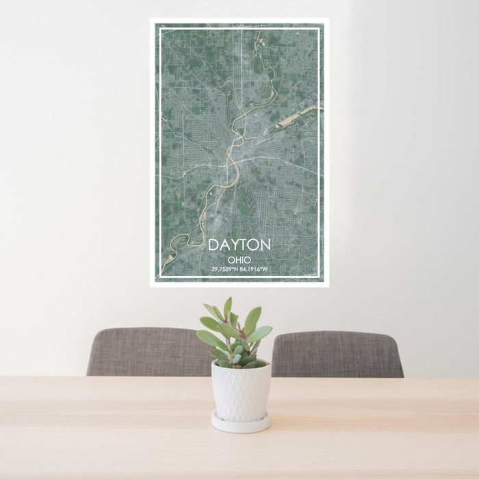 24x36 Dayton Ohio Map Print Portrait Orientation in Afternoon Style Behind 2 Chairs Table and Potted Plant