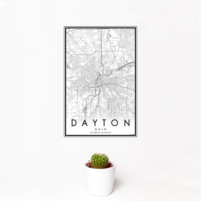 12x18 Dayton Ohio Map Print Portrait Orientation in Classic Style With Small Cactus Plant in White Planter