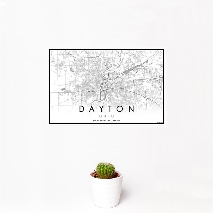 12x18 Dayton Ohio Map Print Landscape Orientation in Classic Style With Small Cactus Plant in White Planter